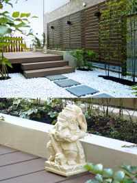 バリ風の庭をウォール花壇とウッドデッキで　船橋市Ａ邸