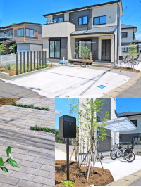 石材風アプローチ×自転車置場×車庫で開放的なオープン外構と庭に　柏市I邸