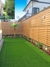 木調目隠しフェンス×高機能人工芝で愛犬とくつろぐ庭を　松戸市I邸