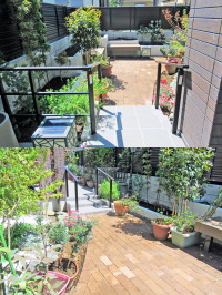 レンガのテラスと花壇、人工木材ベンチでナチュラルな庭に　松戸市R邸